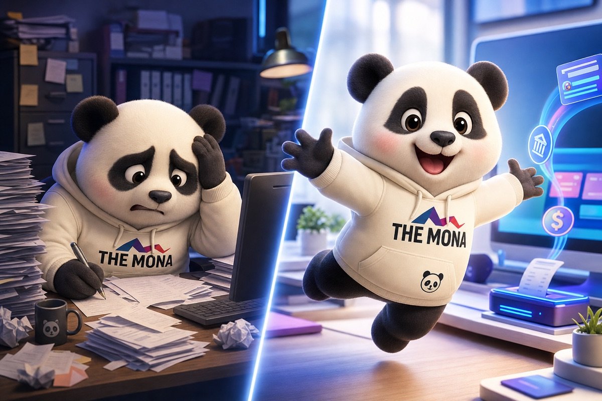 So sánh văn phòng hỗn loạn trước và không gian làm việc hiệu quả sau khi áp dụng tự động hóa thanh toán.