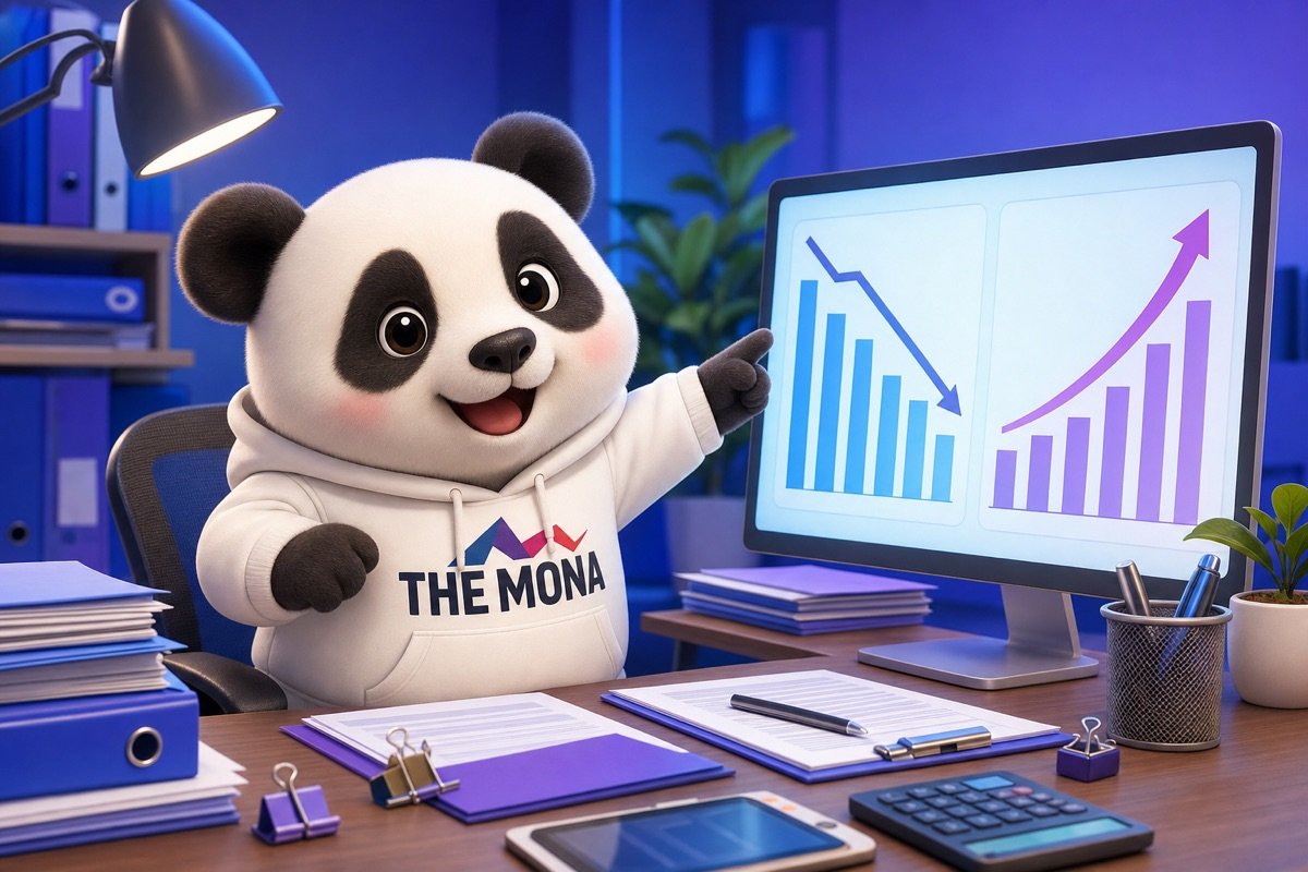 Gấu trúc vui mừng nhìn bảng điều khiển chi phí vật tư giảm nhờ tự động hóa thu mua.