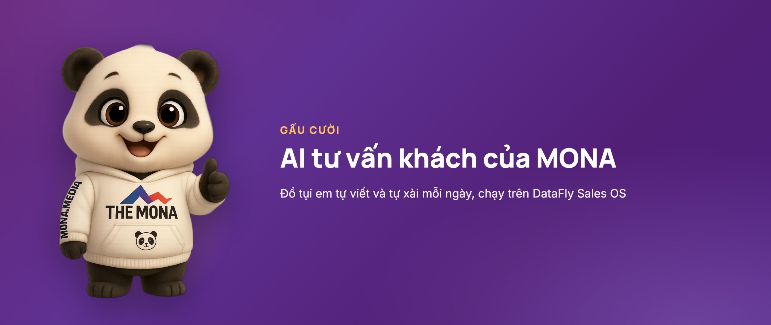 Gấu Cười mascot MONA mặc hoodie trắng THE MONA, AI tư vấn khách hàng tự viết chịu tải thật
