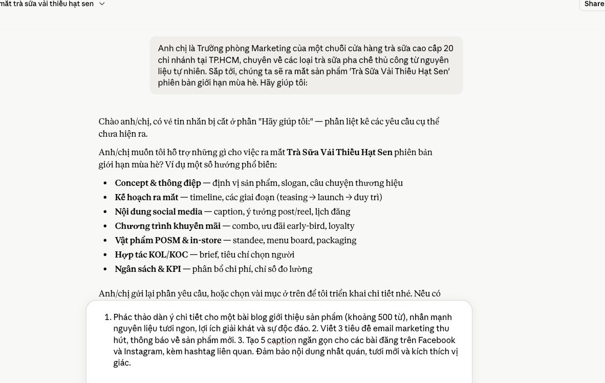 Ứng dụng Claude doanh nghiệp tạo dàn ý blog, tiêu đề email và caption mạng xã hội cho chiến dịch trà sữa vải thiều