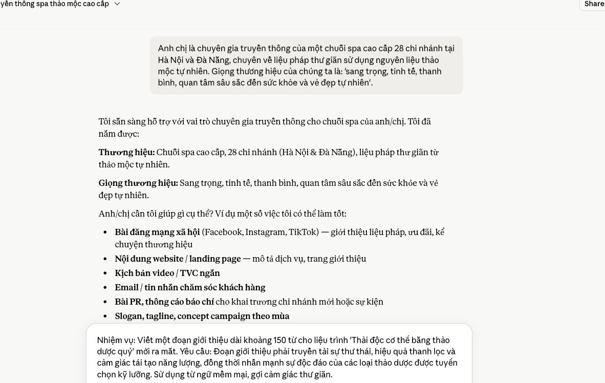 Claude tạo nội dung marketing theo giọng thương hiệu sang trọng cho chuỗi spa thảo mộc