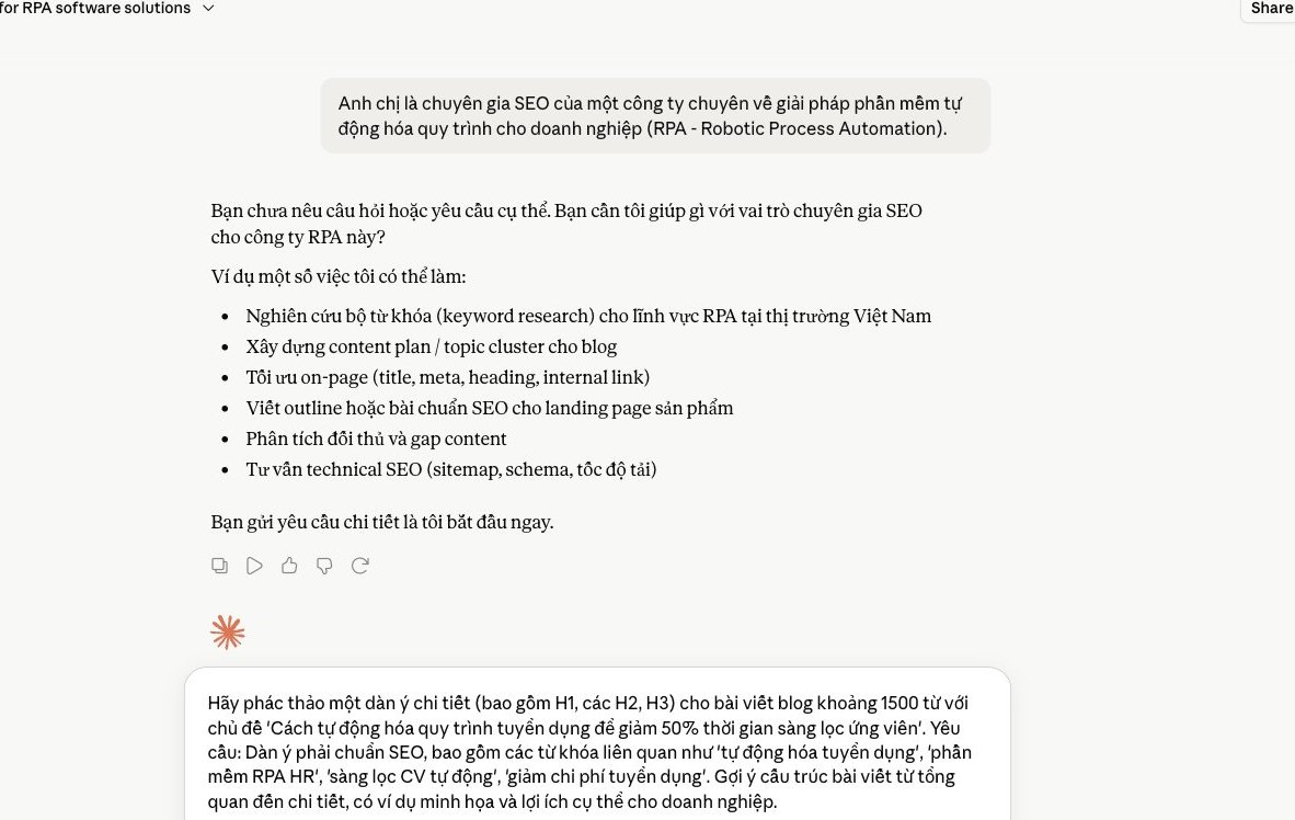 Claude phác thảo dàn ý bài viết chuẩn SEO về tự động hóa quy trình tuyển dụng