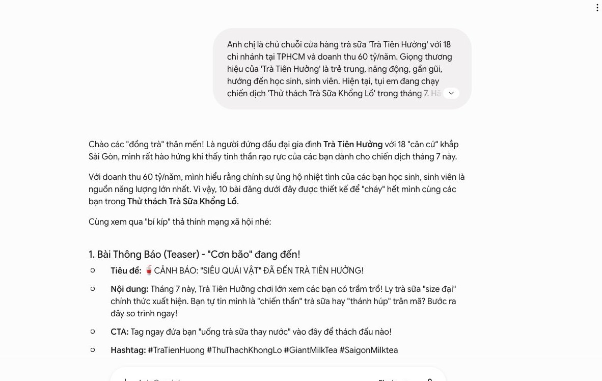 Ứng dụng Gemini tạo nội dung mạng xã hội, bài đăng Facebook Instagram TikTok cho chuỗi trà sữa, tăng công suất marketing.