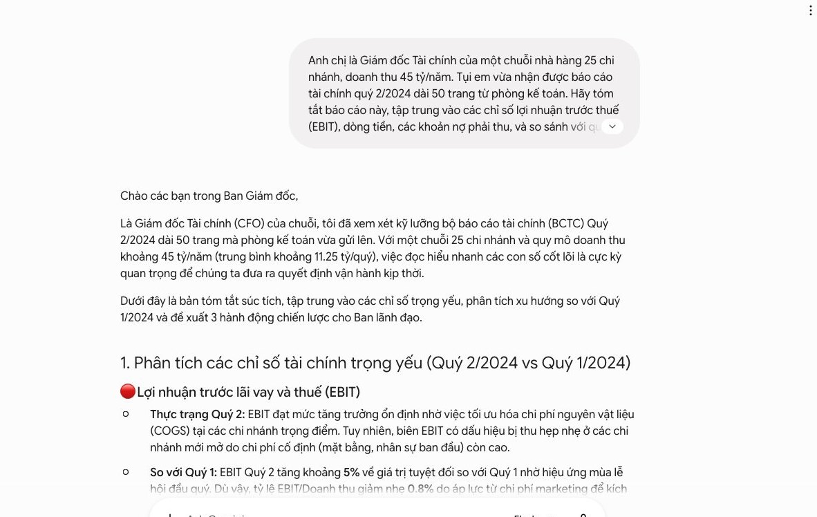 Ứng dụng Gemini tóm tắt báo cáo tài chính, hợp đồng, tài liệu dài, tiết kiệm thời gian vận hành cho doanh nghiệp.