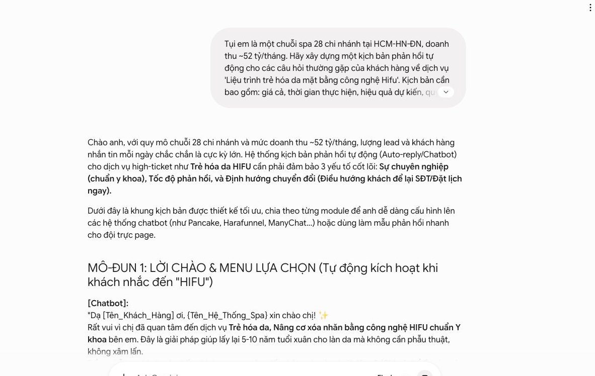 Ứng dụng Gemini tạo kịch bản chăm sóc khách hàng tự động, phản hồi CSKH cho chuỗi spa, tối ưu vận hành.
