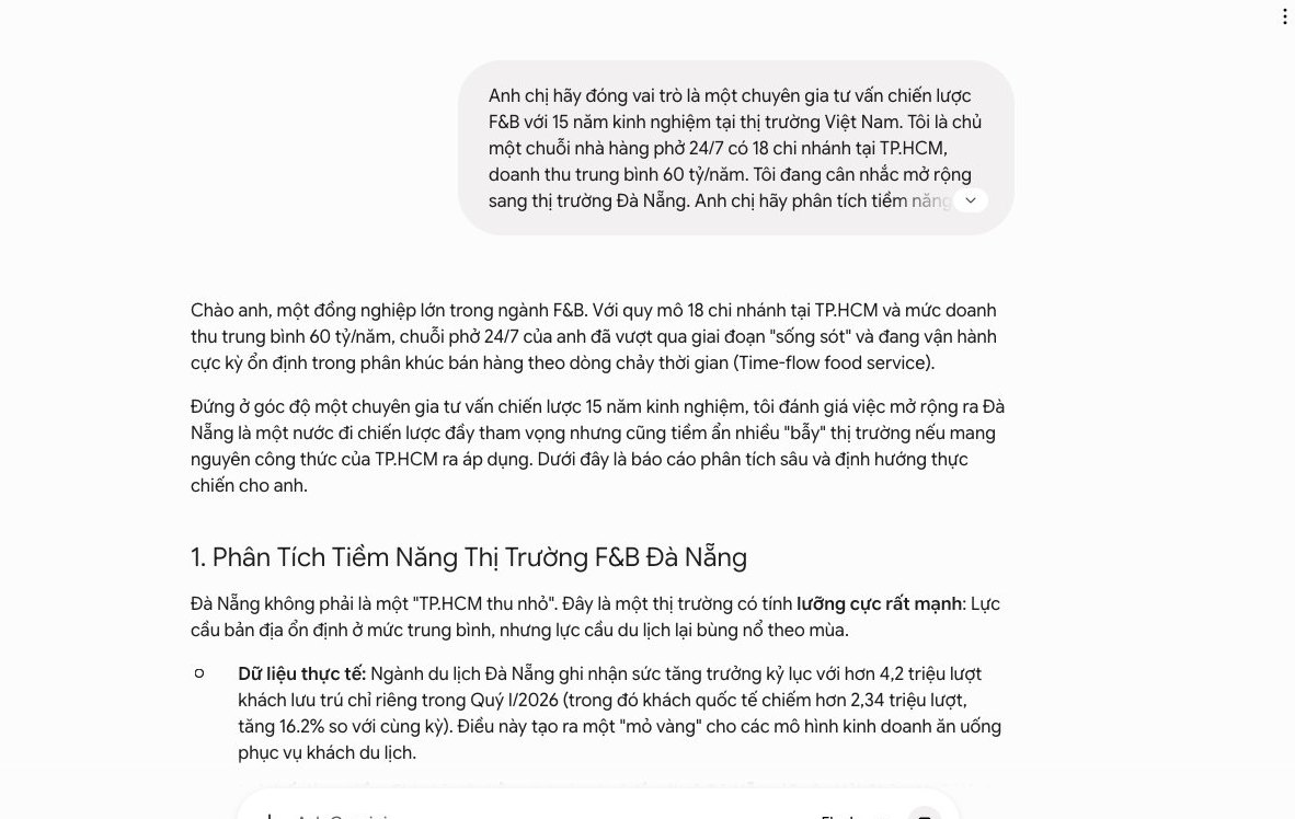 Gemini phân tích thị trường Đà Nẵng cho chuỗi nhà hàng, đóng vai trò chuyên gia tư vấn chiến lược F&B