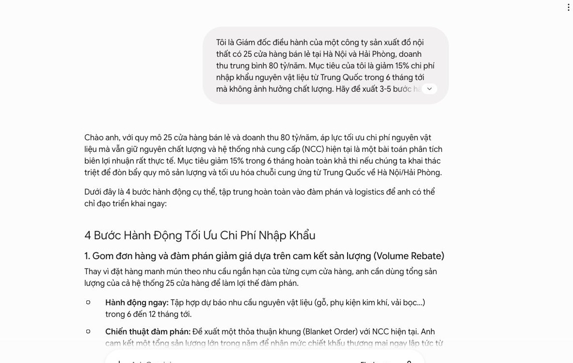 Gemini đề xuất các bước hành động cụ thể để giảm chi phí nhập khẩu nguyên vật liệu