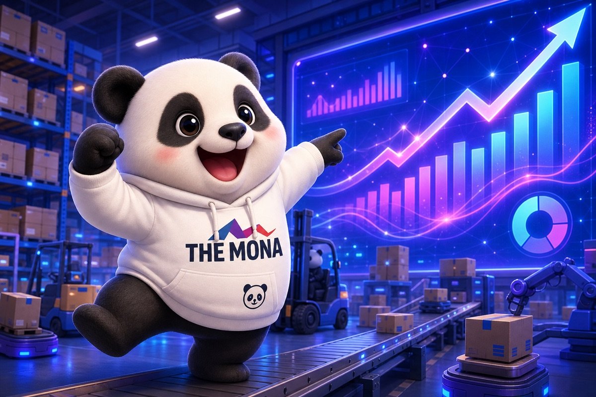Gấu MONA hào hứng chỉ vào màn hình lớn hiển thị con số tiết kiệm và tăng hiệu suất ấn tượng, minh chứng cho thành công sau khi tránh được xây dựng ERP thất bại.