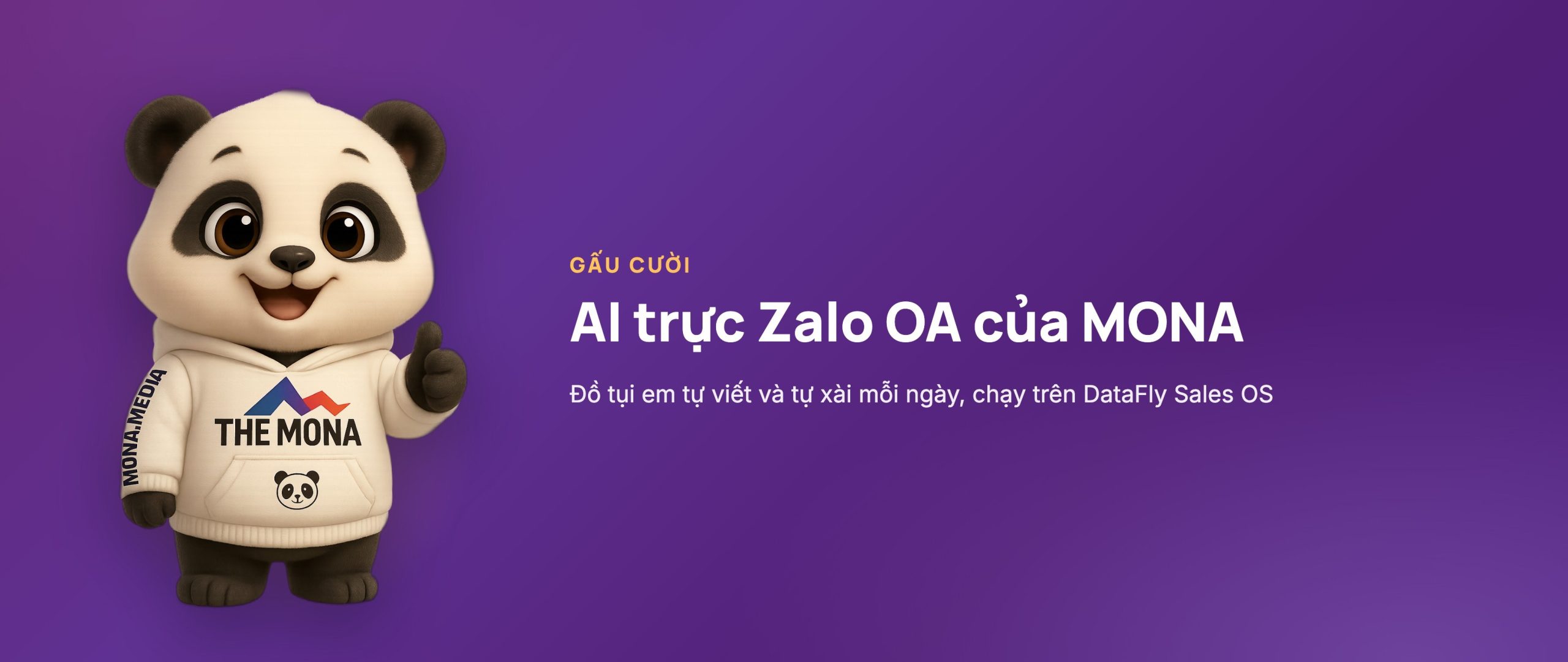 Gấu Cười mascot MONA mặc hoodie trắng THE MONA, AI trả lời tự động Zalo tự viết chịu tải thật