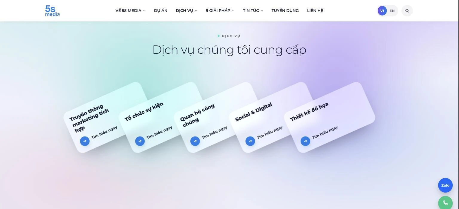Dàn thẻ năm dịch vụ của 5S Media xoè nghiêng trên nền chuyển sắc