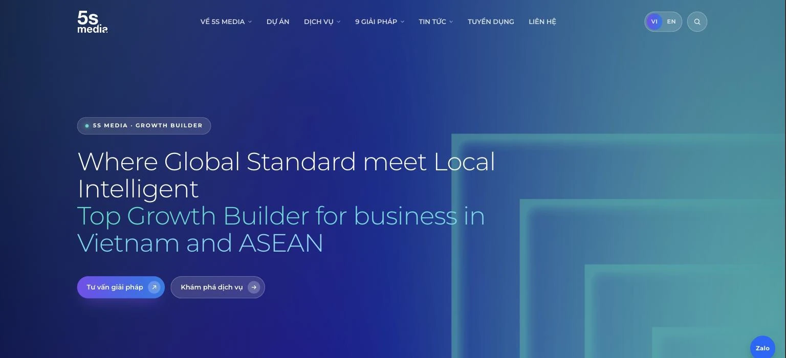 Màn hero website 5S Media với thông điệp Where Global Standard meet Local Intelligent