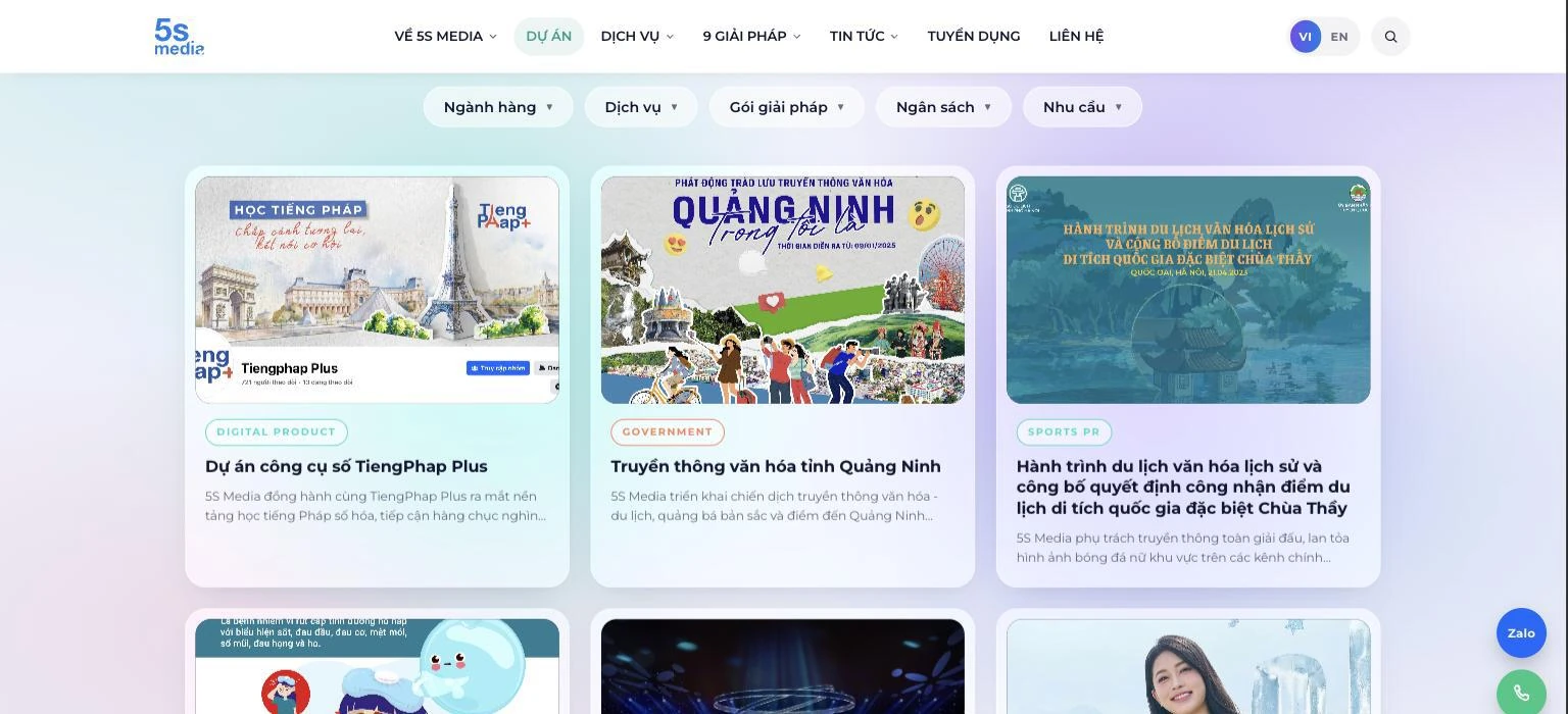 Trang dự án 5S Media lọc theo ngành hàng dịch vụ gói giải pháp ngân sách