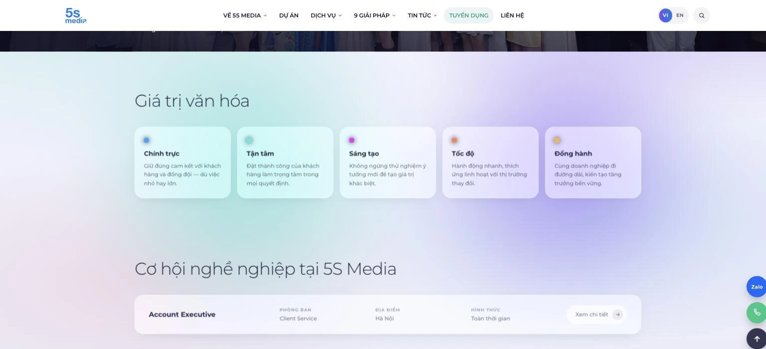 Trang tuyển dụng 5S Media với năm giá trị văn hóa và danh sách vị trí
