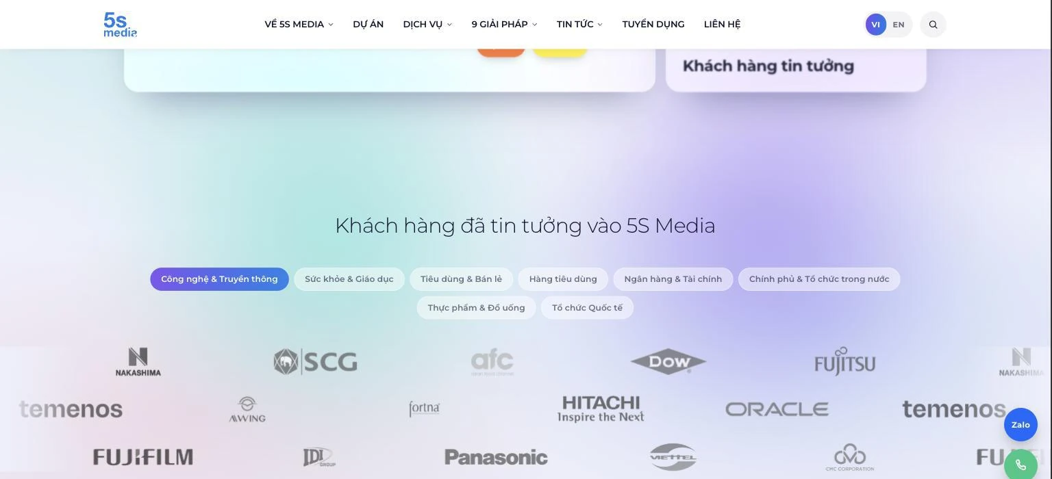 Tường logo khách hàng của 5S Media chia theo tám nhóm ngành