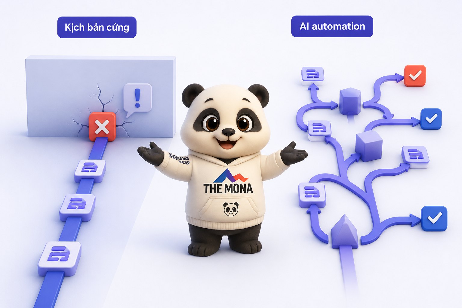 So sánh tự động hoá theo kịch bản cứng và AI automation biết rẽ nhánh khi gặp tình huống lệch