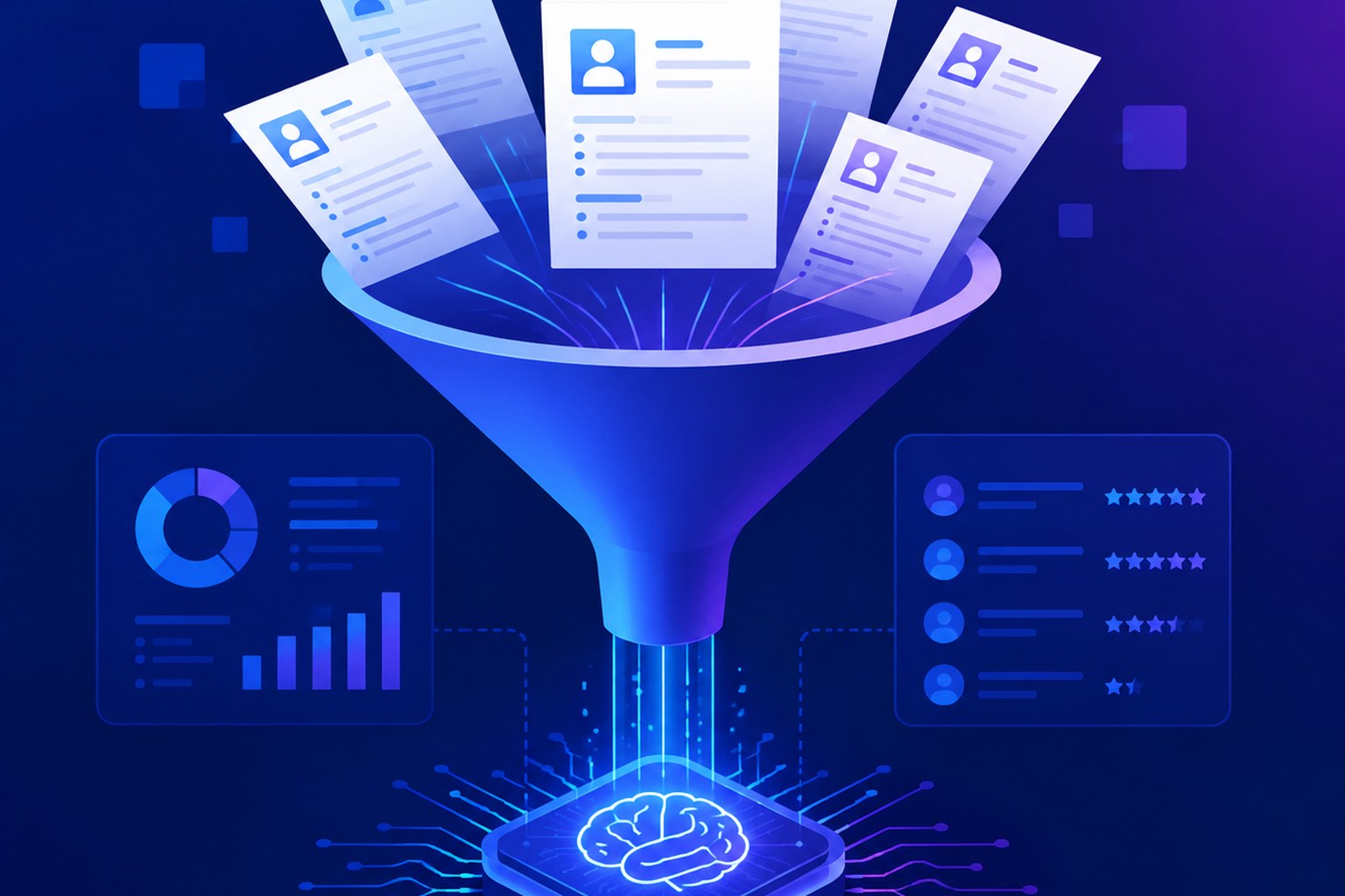 AI screening CV resumes through a funnel into an AI brain chip, flat vector illustration (AI-generated illustration)