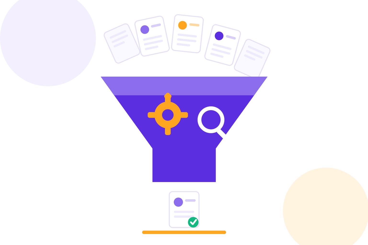 Hệ thống ATS: phễu sàng lọc hồ sơ CV tự động chọn ra ứng viên đạt, minh hoạ vector phẳng