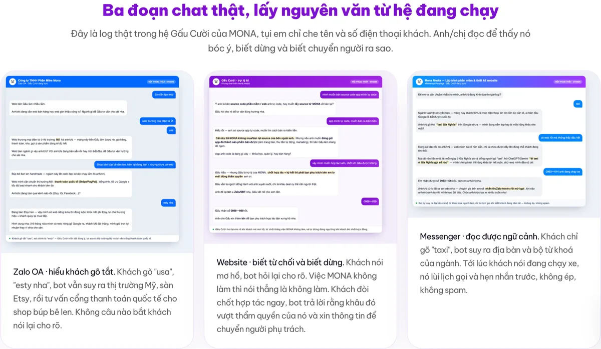 Ba đoạn chat thật từ hệ thống chatbot AI đang chạy