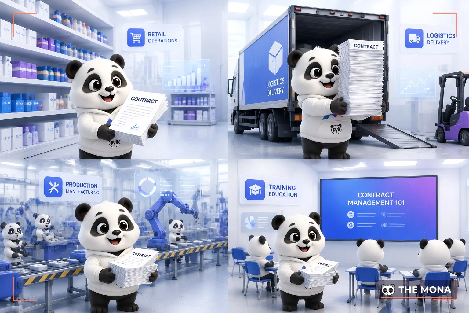 Bốn gấu MONA ôm hồ sơ ở bán lẻ, bến xe, nhà máy, lớp học
