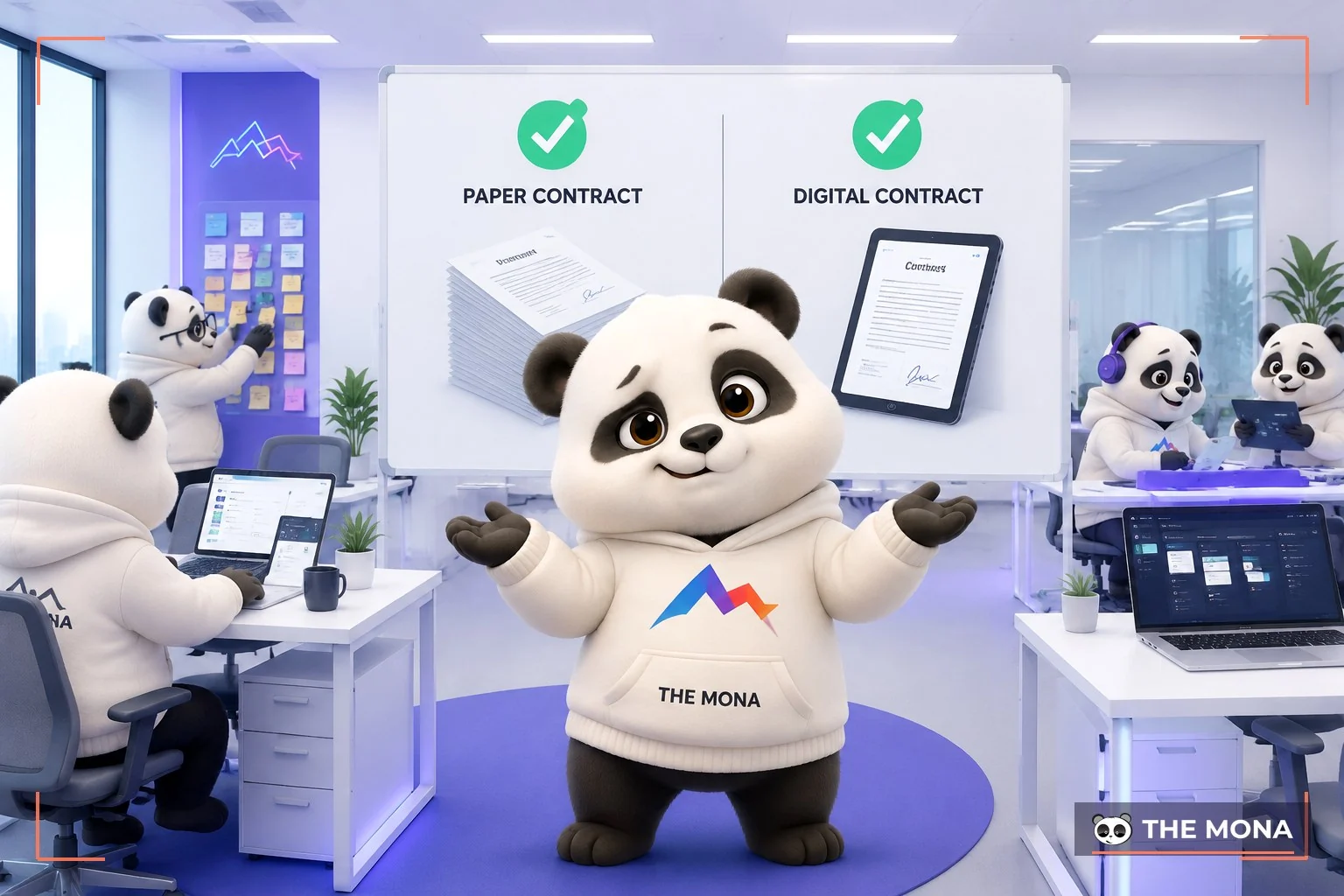 Gấu MONA nhún vai trước bảng hai cột giấy và điện tử đều được tick xanh