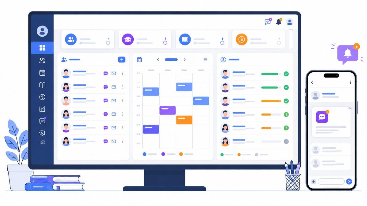 Dashboard phần mềm quản lý trung tâm ngoại ngữ: học viên, lịch học, học phí, thông báo