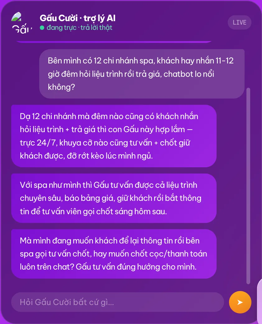 Đoạn demo chatbot thật với Gấu Cười về spa nhiều chi nhánh