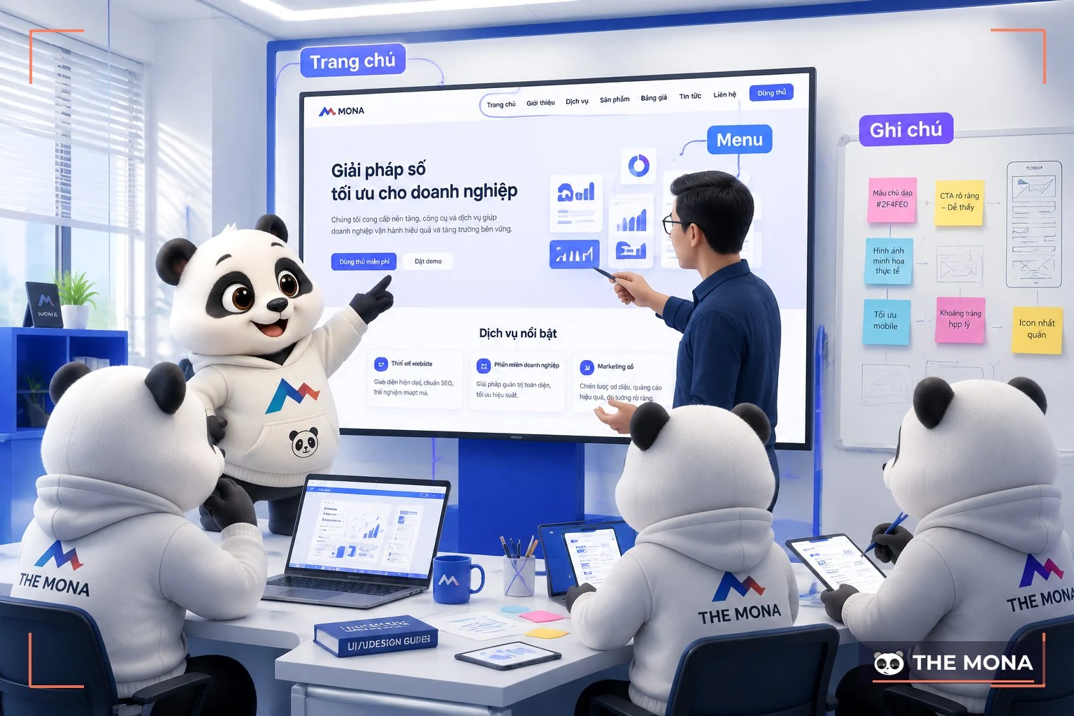 Đội gấu MONA duyệt mockup website trên màn hình lớn