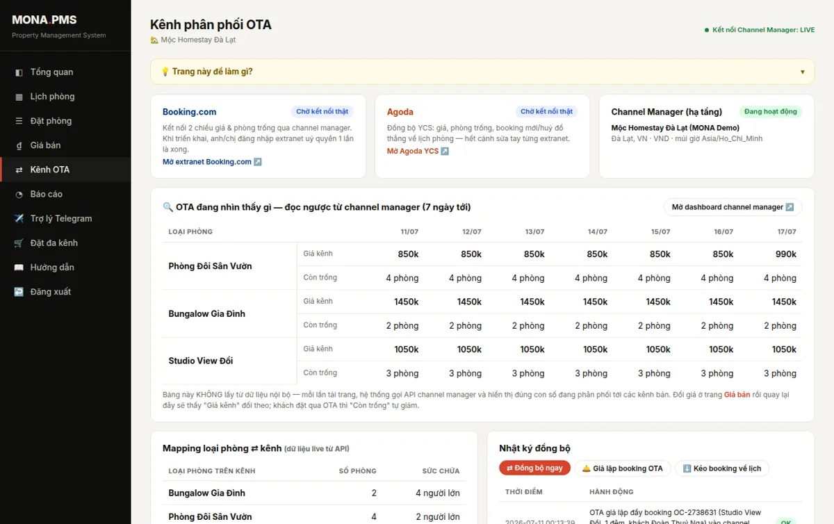 Đồng bộ OTA hai chiều qua channel manager để chống bán trùng phòng