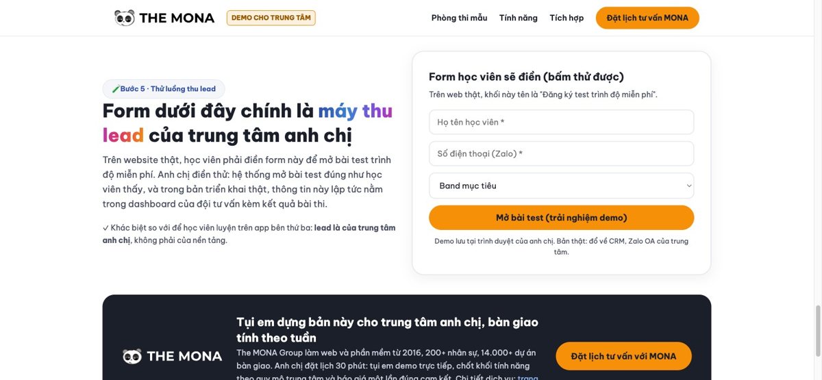 Form thu lead học viên trên website thi thử của trung tâm ngoại ngữ