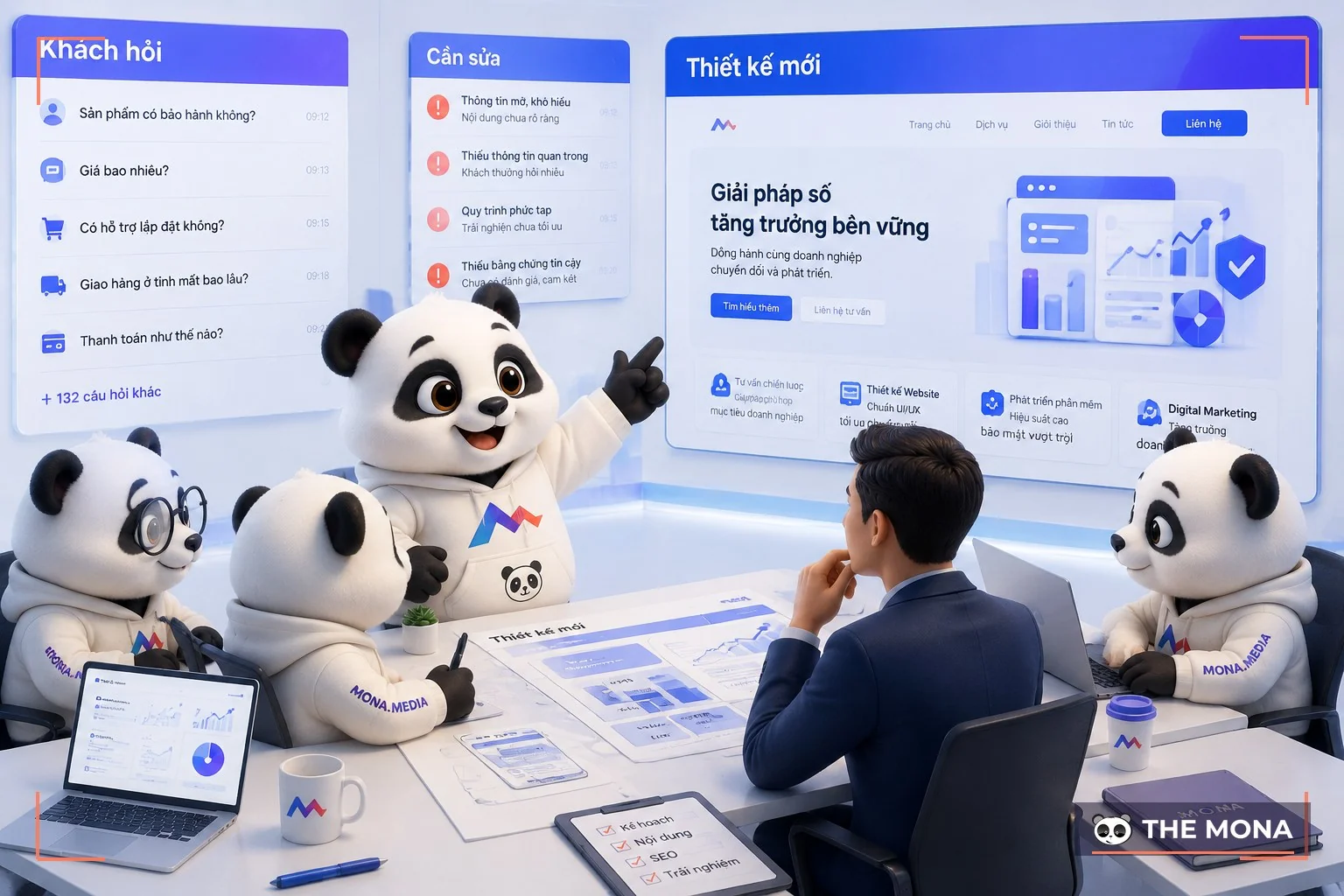 Gấu MONA xem dữ liệu khách hàng trên màn hình