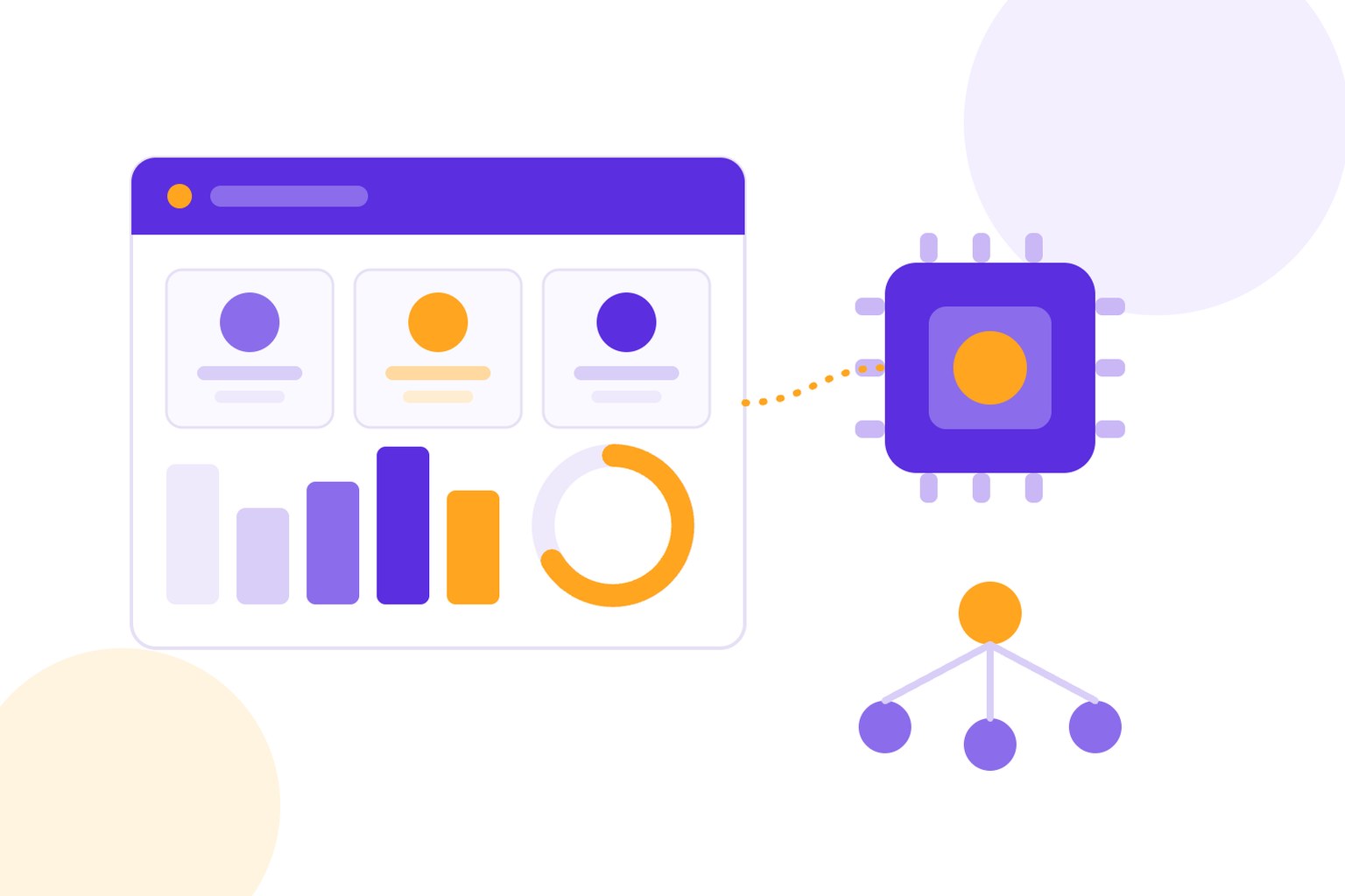 Phần mềm HRM AI: bảng điều hành nhân sự nối với chip AI và sơ đồ tổ chức, minh hoạ vector phẳng