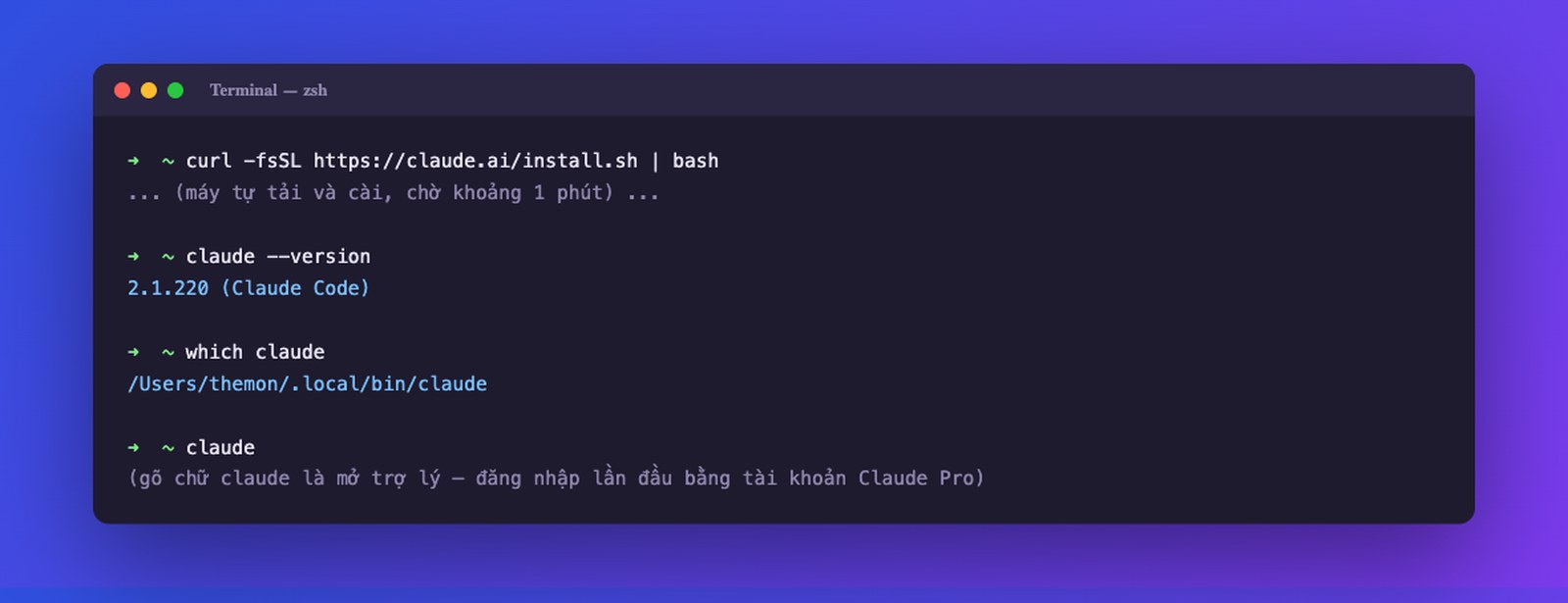 Cài đặt Claude Code và kiểm tra phiên bản trong terminal