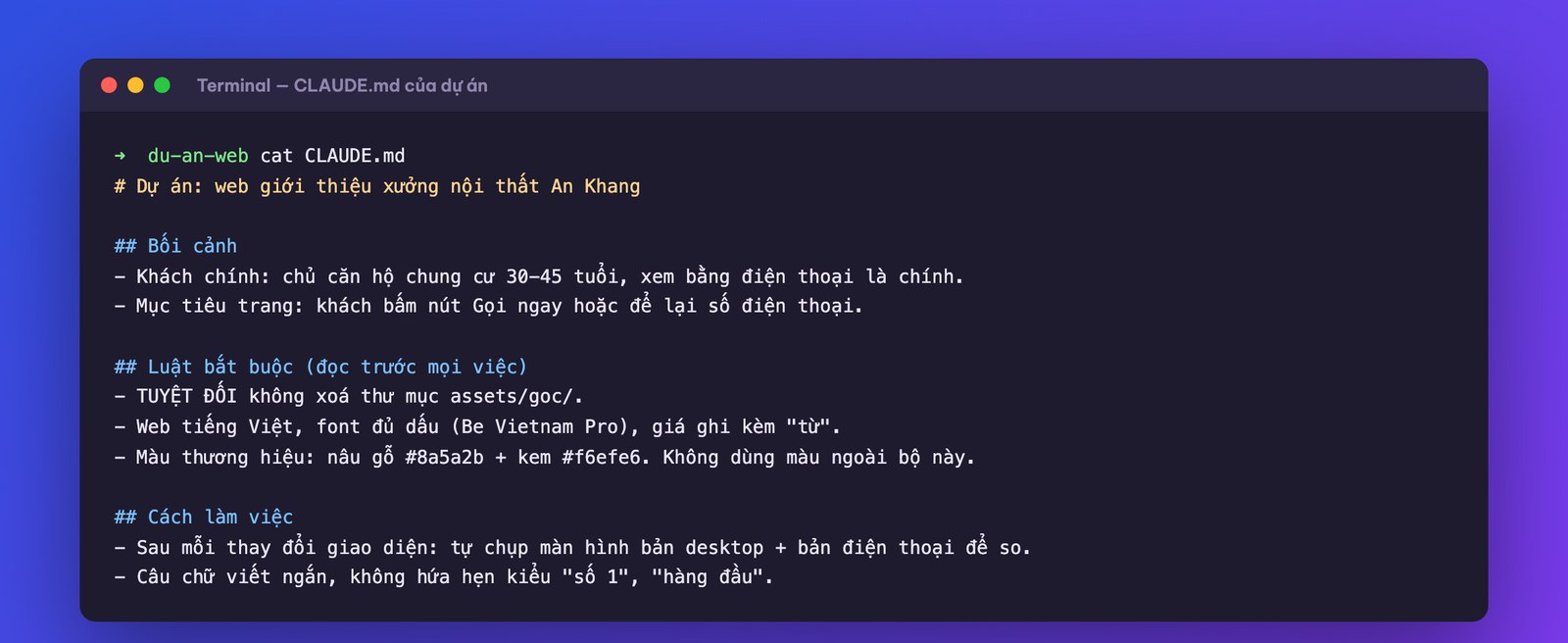 Ví dụ file CLAUDE.md của một dự án web
