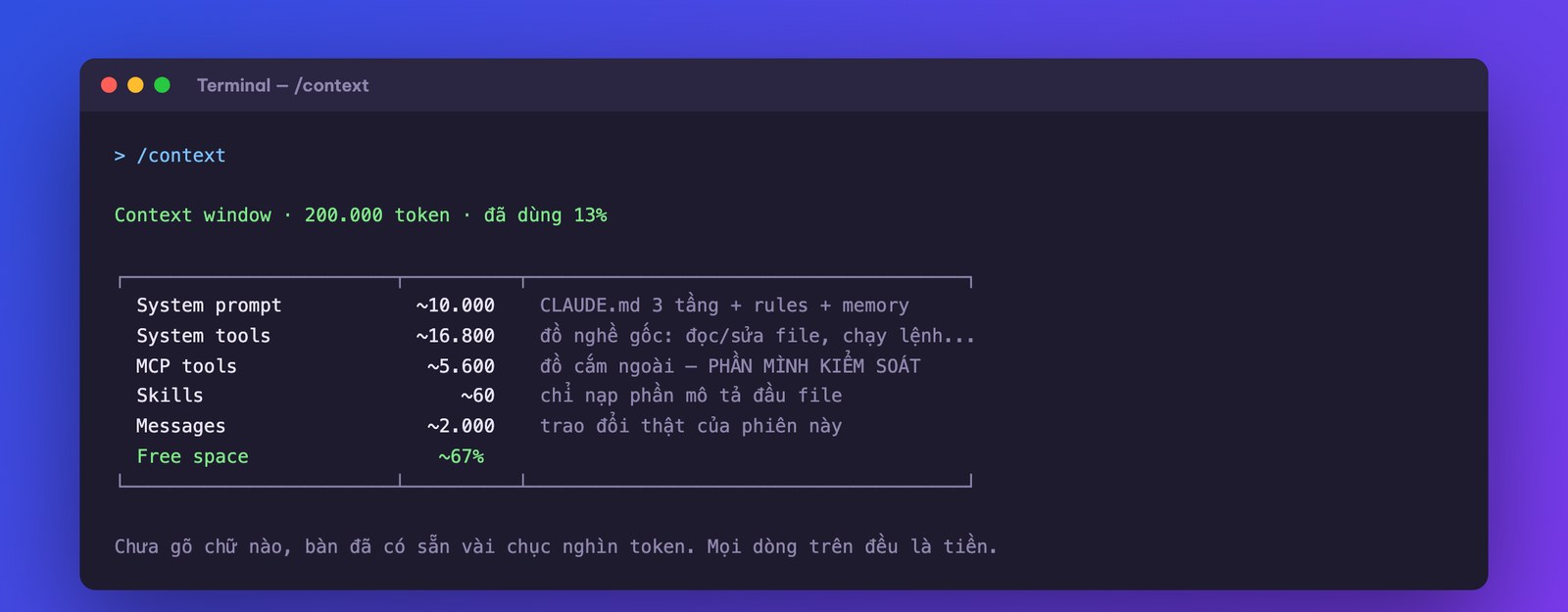 Lệnh /context cho thấy token đang được dùng vào đâu