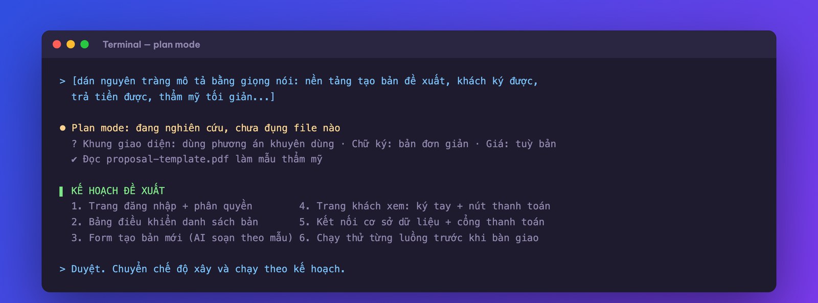 Plan mode trình kế hoạch trước khi xây ứng dụng