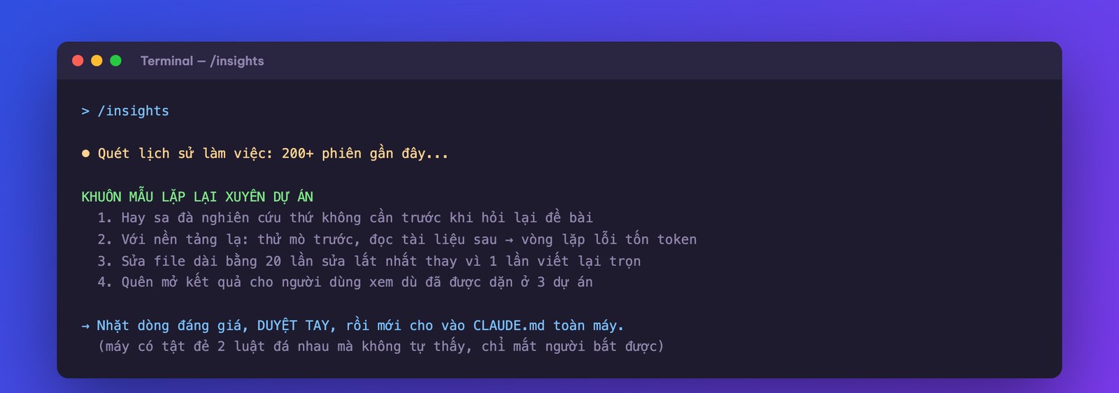 Lệnh /insights rút khuôn mẫu xuyên dự án