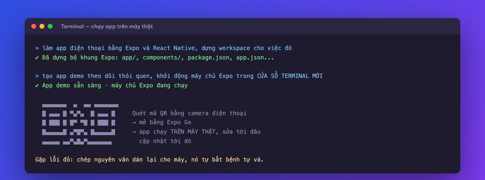 Quét mã QR chạy app trên điện thoại thật