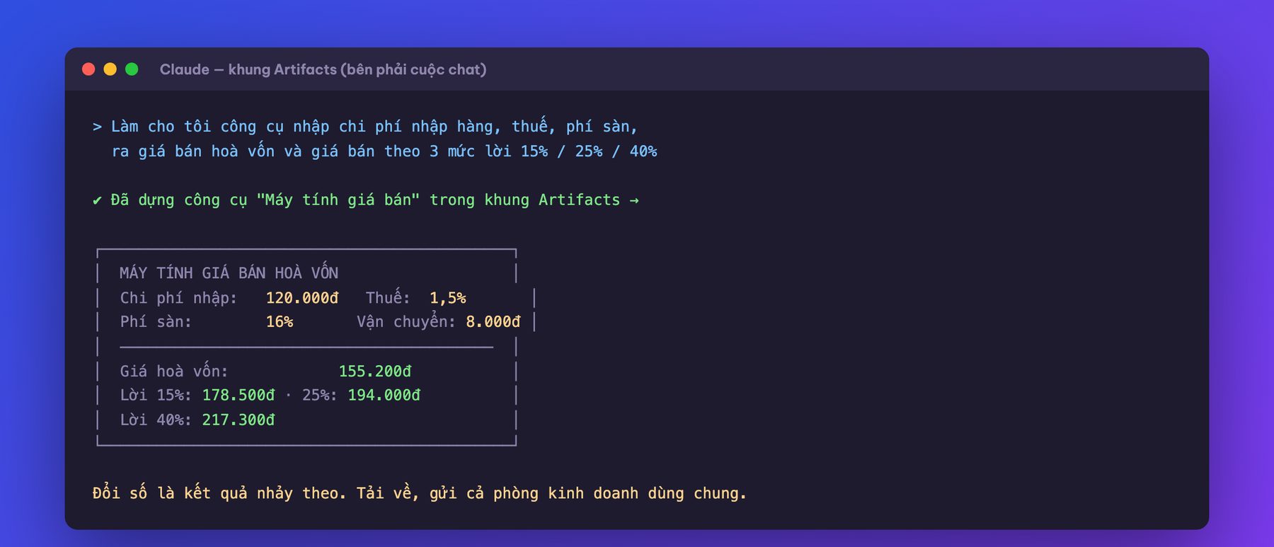 Ví dụ Artifacts: công cụ tính giá hoà vốn