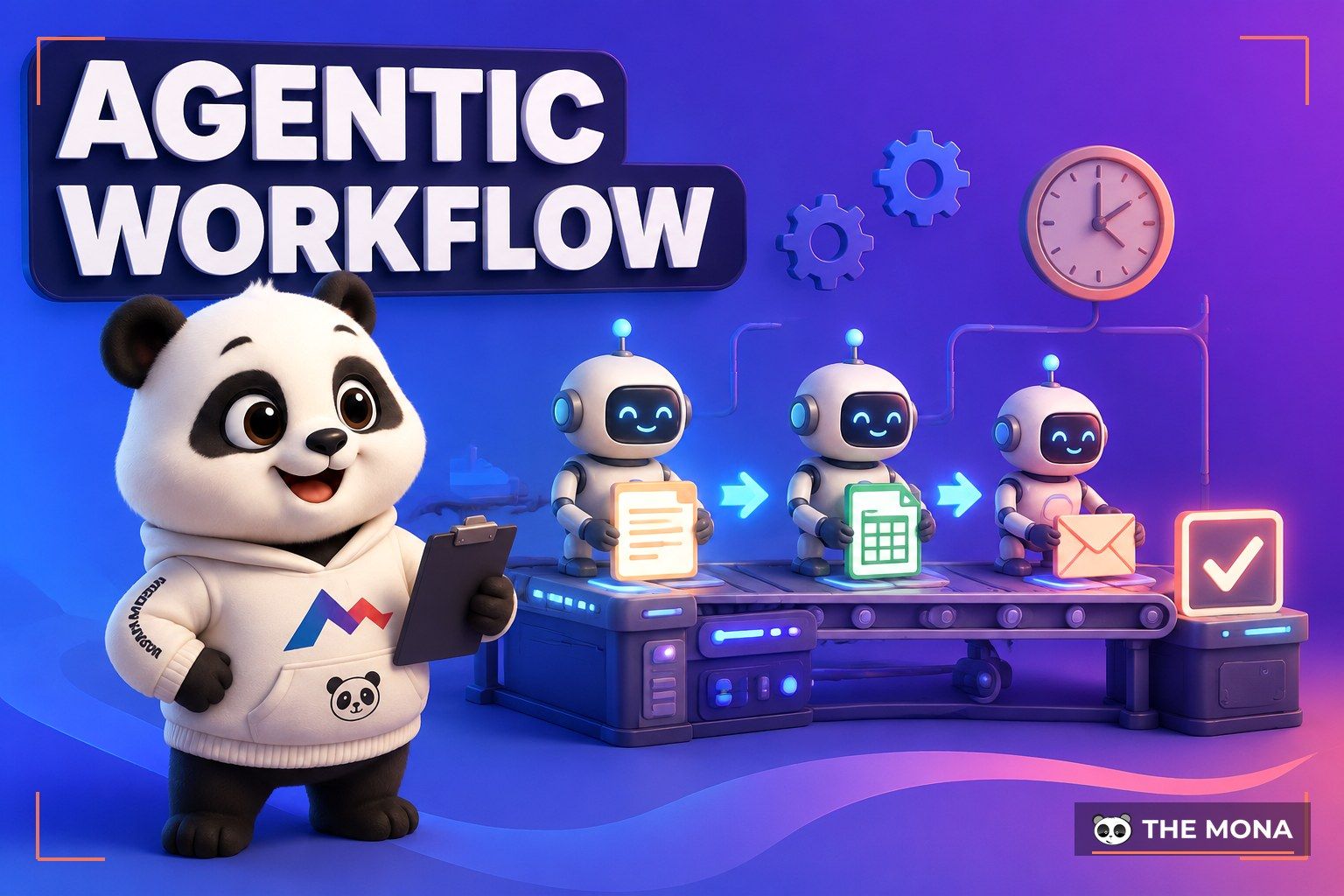 Khoá học agentic workflow, gấu MONA giám sát dây chuyền robot AI (AI-generated illustration)