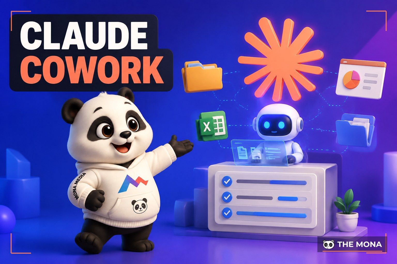 Khoá học Claude Cowork cho doanh nghiệp, gấu MONA và AI tự làm việc văn phòng (AI-generated illustration)