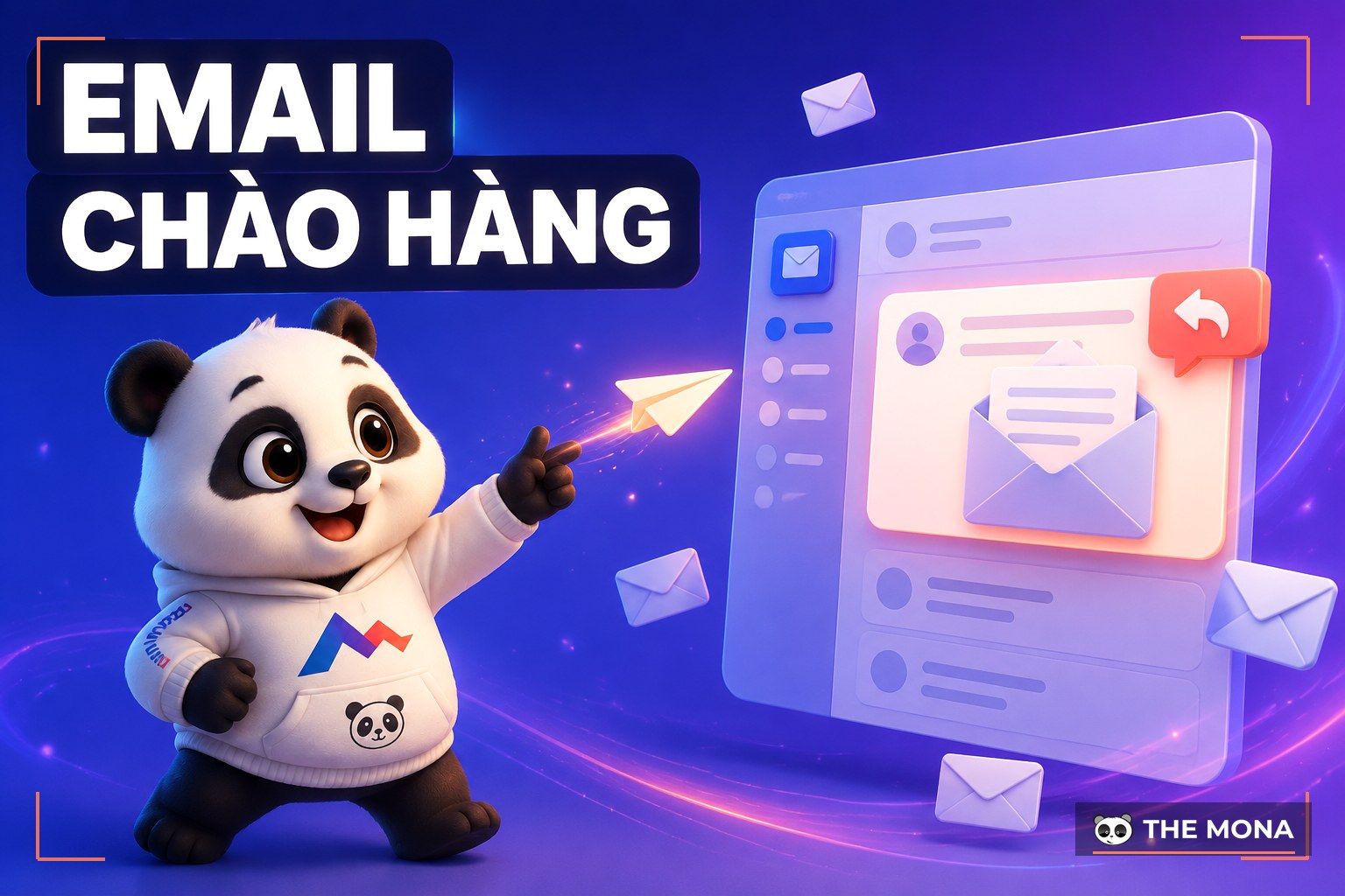 Khoá học email chào hàng lạnh, gấu MONA phóng máy bay giấy (AI-generated illustration)