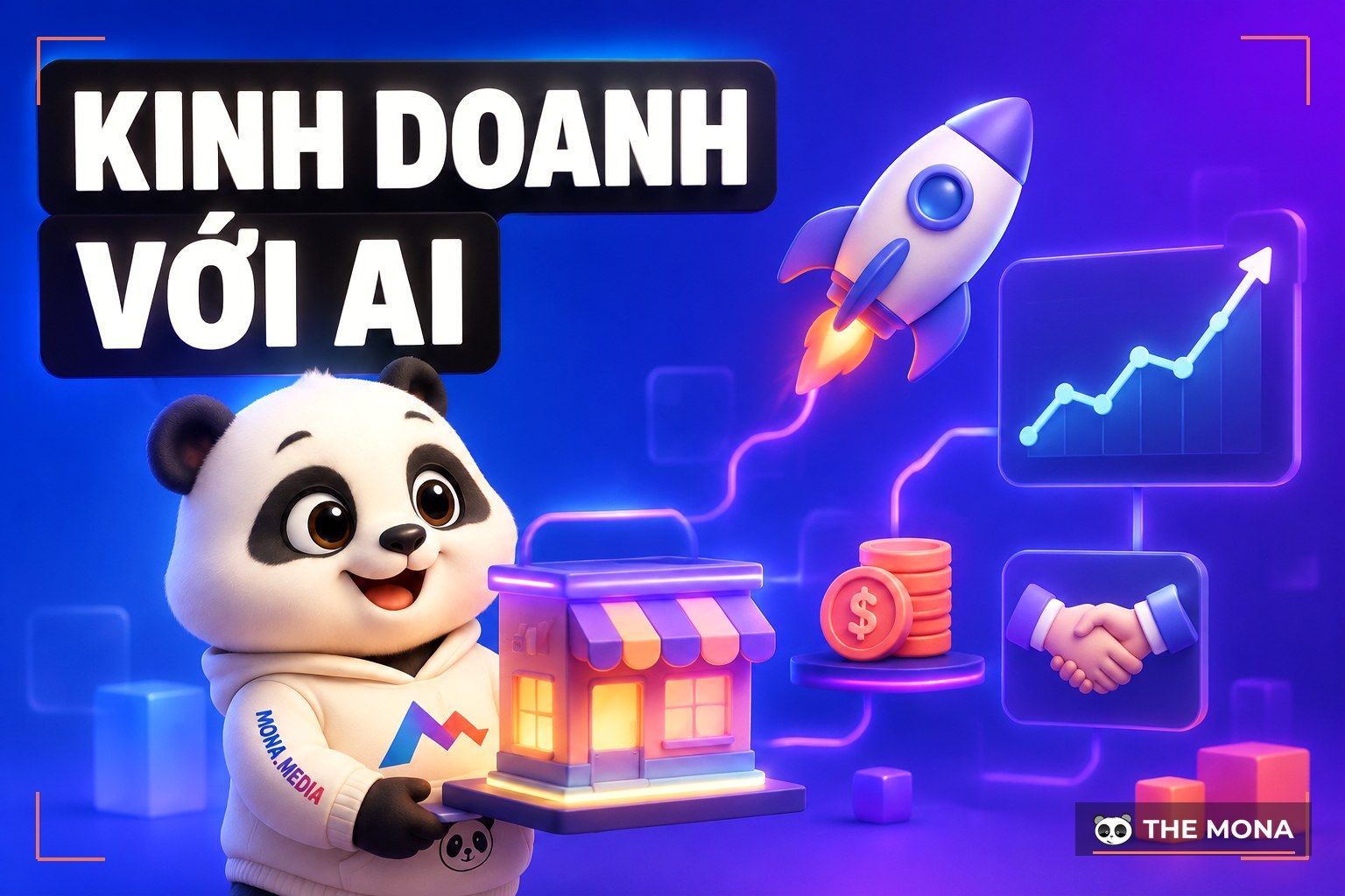 Khoá học kinh doanh AI, gấu MONA và cửa hàng tăng trưởng (AI-generated illustration)