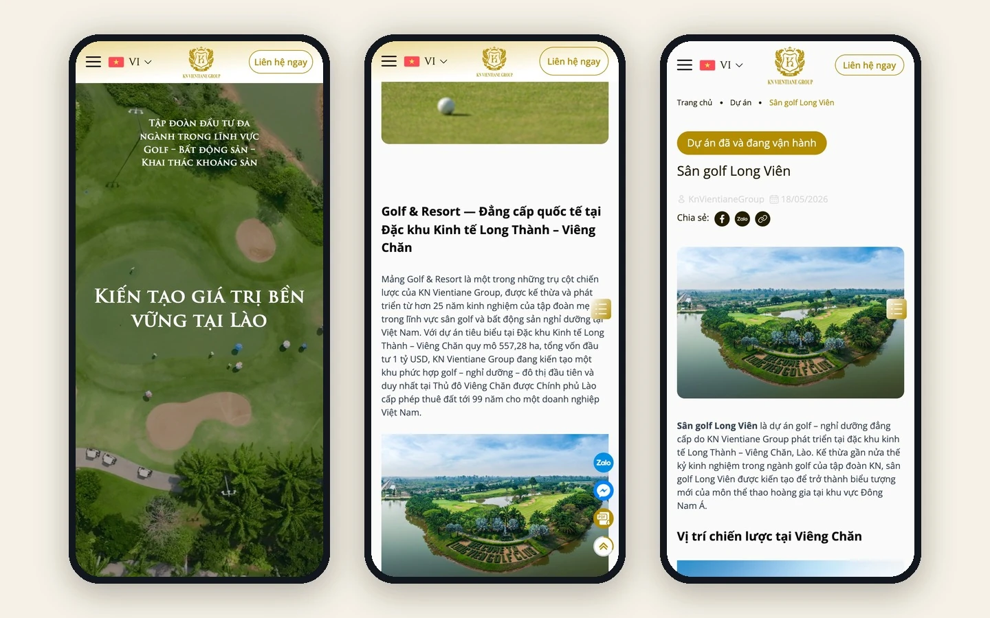 Ba màn mobile KN Vientiane: trang chủ, lĩnh vực golf và dự án sân golf Long Viên