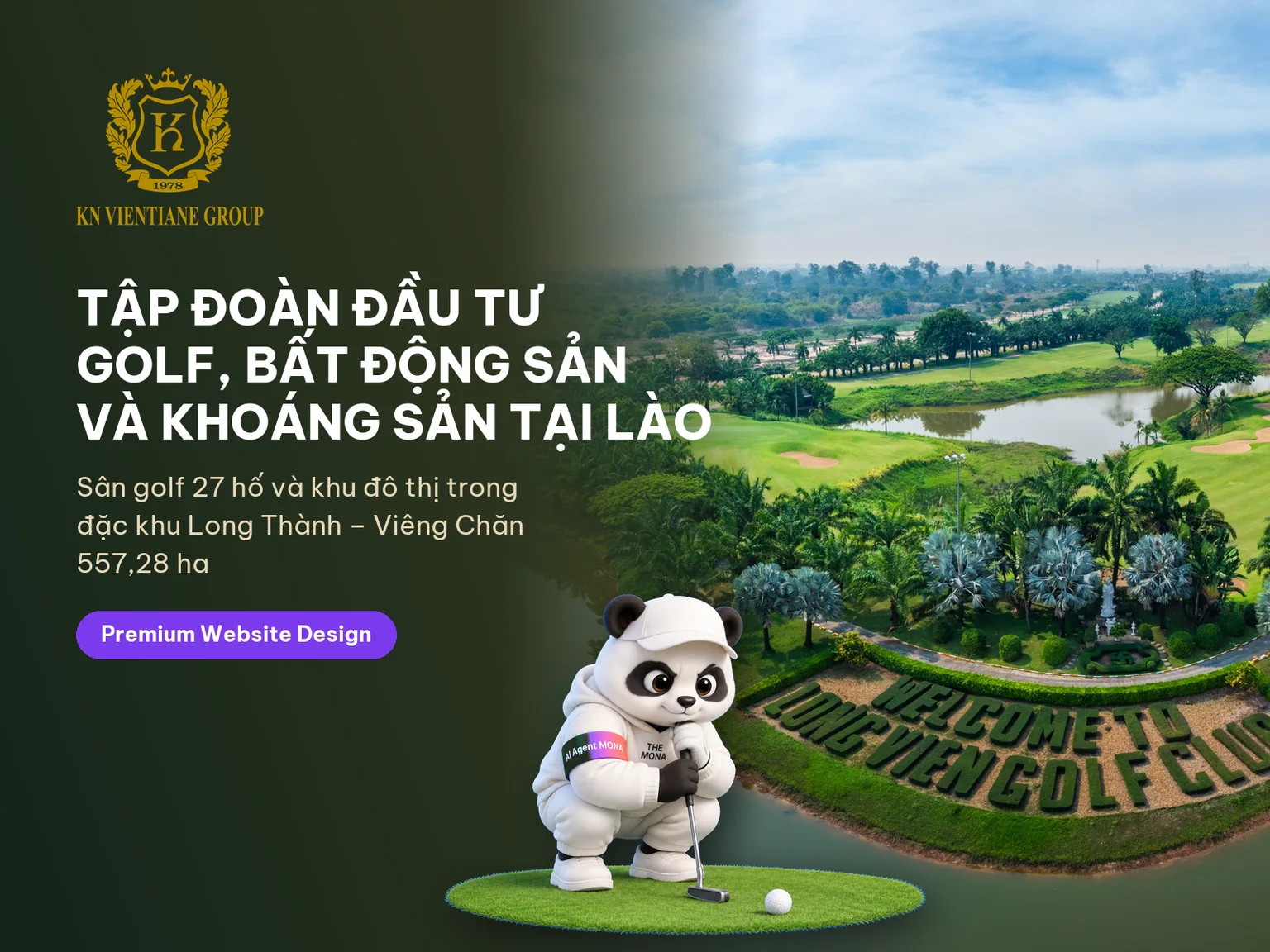 Gấu MONA đội mũ golf ngồi đọc đường bóng trên thẻ dự án website KN Vientiane Group