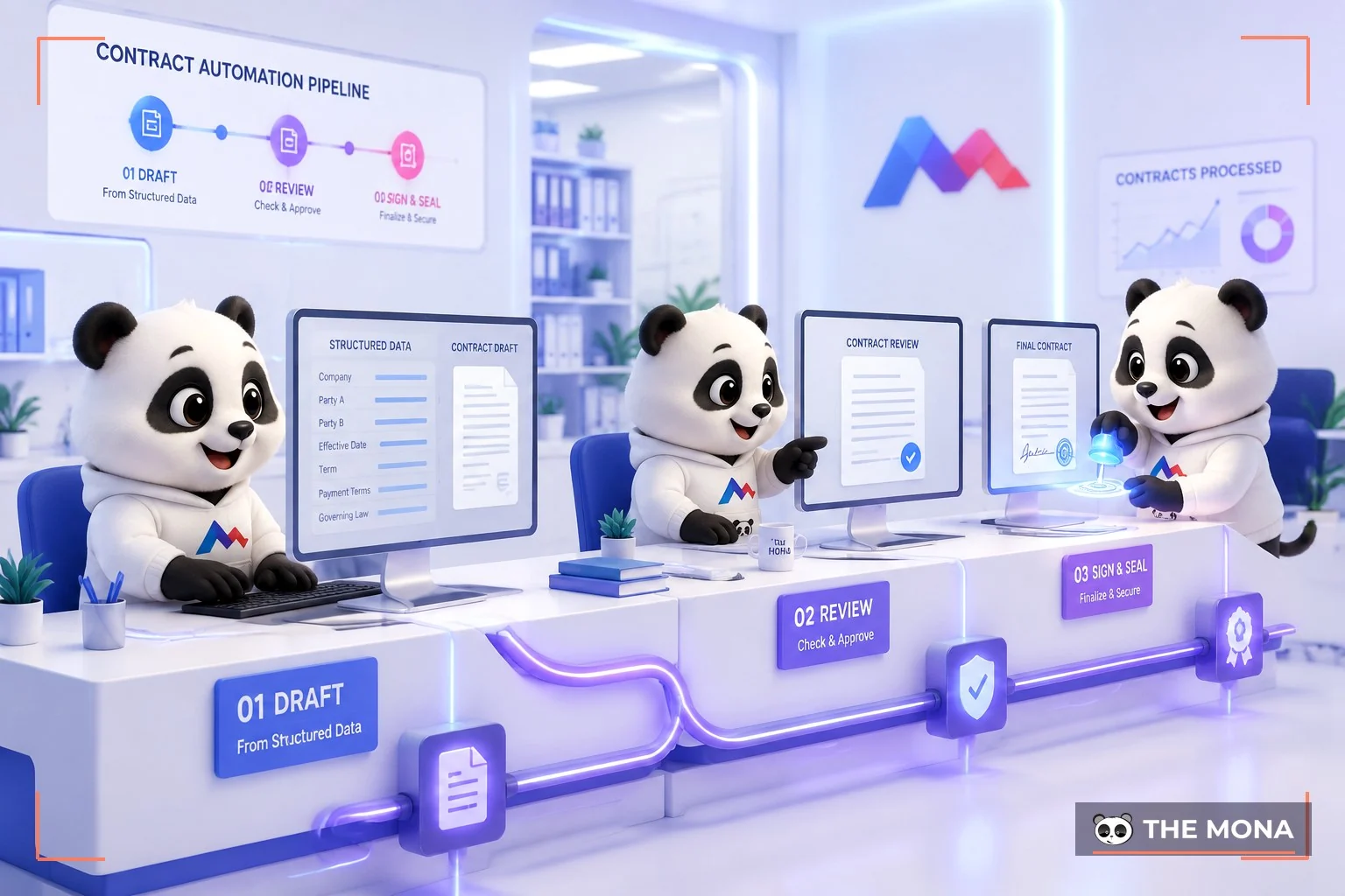 Ba gấu MONA nối tiếp nhau soạn, duyệt rồi đóng dấu ký trên một dãy bàn