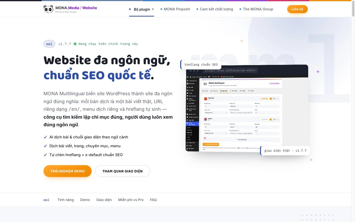 Trang giới thiệu MONA Multilingual trên plugin.mona.software
