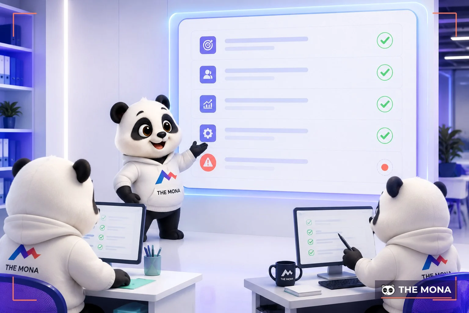 Gấu MONA chỉ bảng năm điều kiện, dòng cuối còn dấu cảnh báo chưa đạt