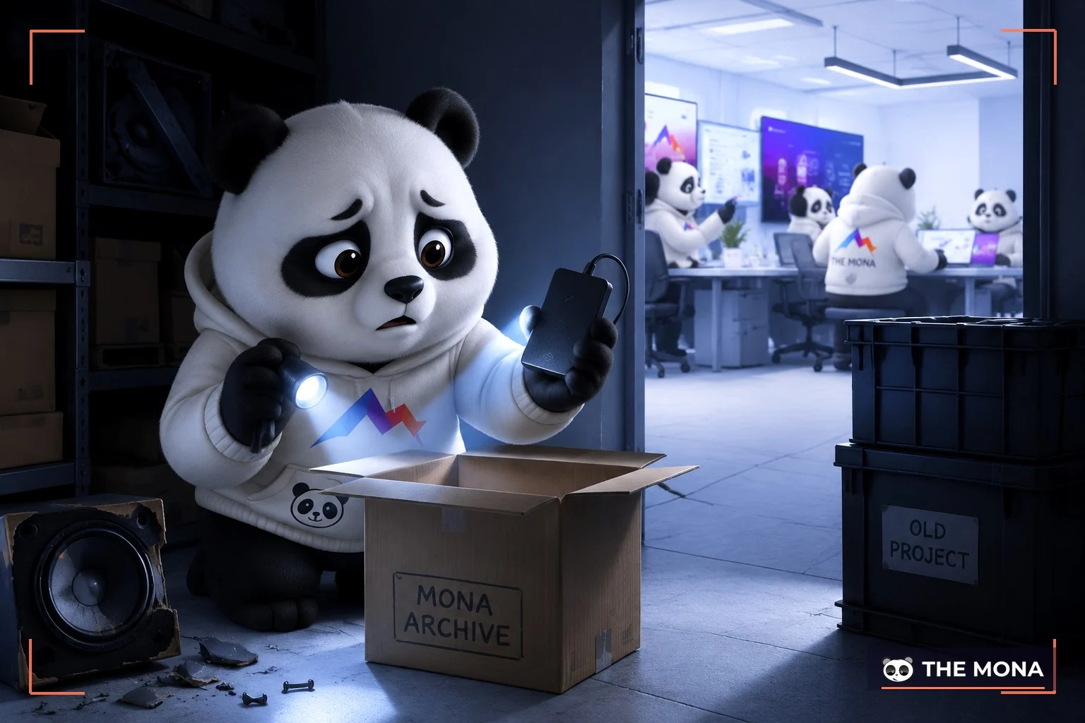 Gấu MONA lục thùng carton trong kho tối để tìm ổ cứng chứa hồ sơ cũ