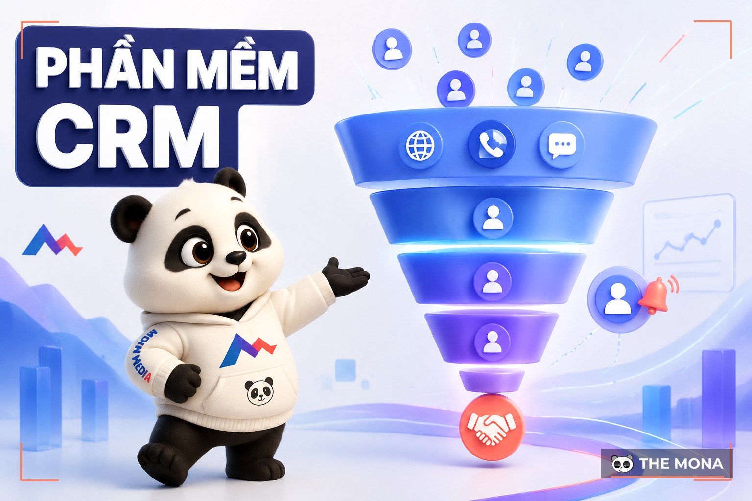 Phần mềm CRM, gấu MONA bên phễu bán hàng tự nhắc việc (AI-generated illustration)