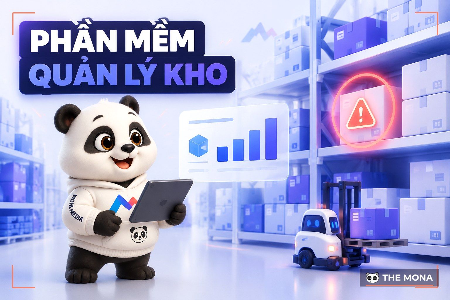 Phần mềm quản lý kho, gấu MONA kiểm tồn kho bằng máy tính bảng (AI-generated illustration)